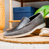 Zelli Italia 11-603-GRY BENE Sueded Italian Goatskin & Crocodile Loafer Grey