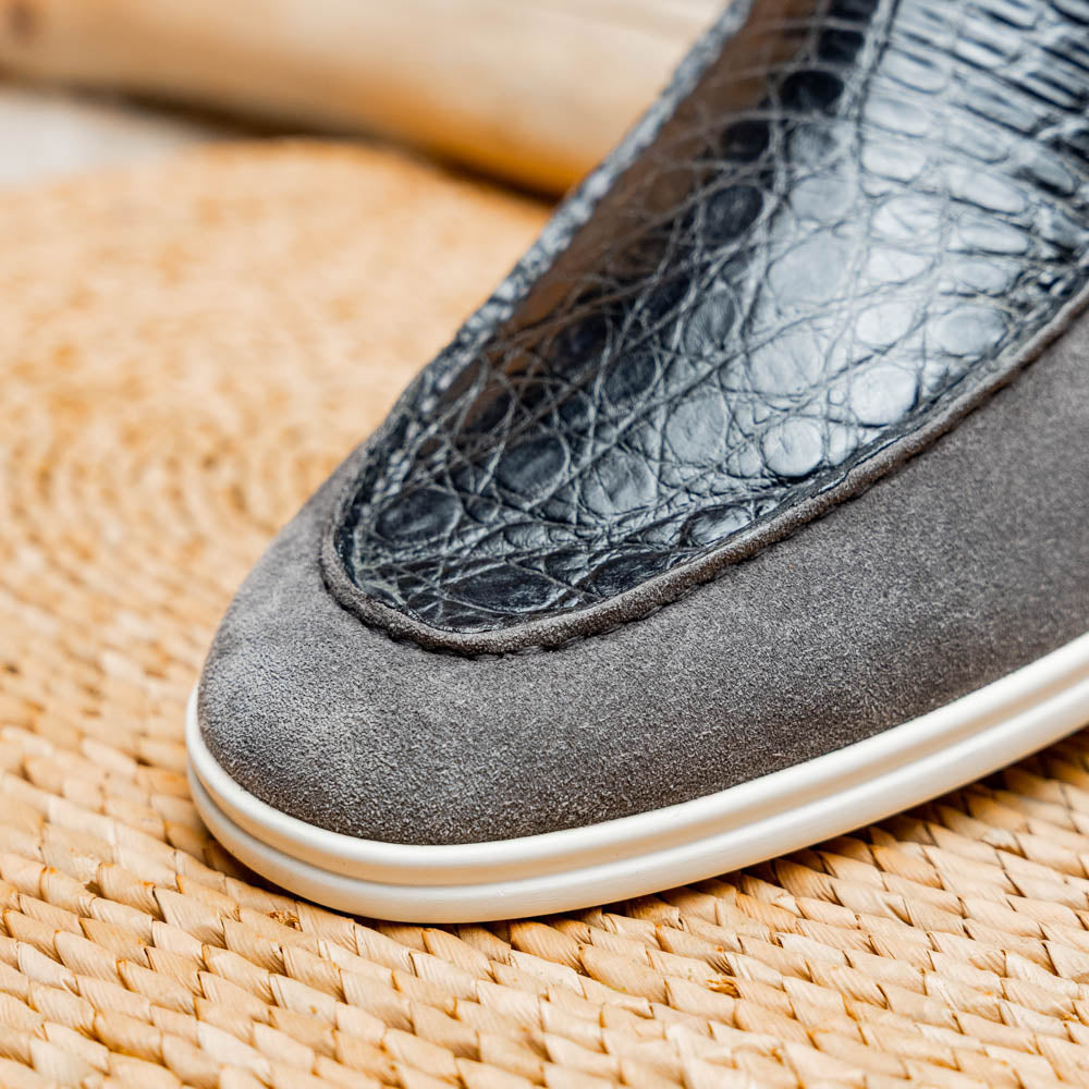 Zelli Italia 11-603-GRY BENE Sueded Italian Goatskin & Crocodile Loafer Grey