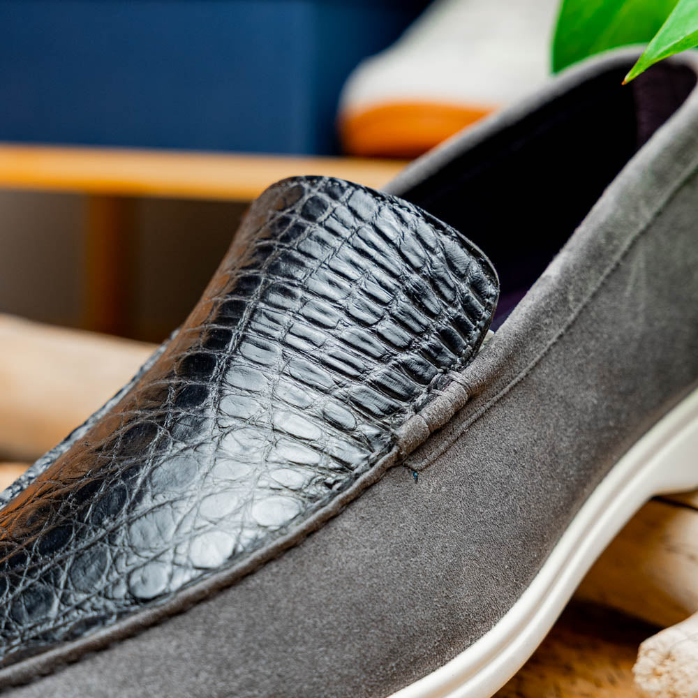 Zelli Italia 11-603-GRY BENE Sueded Italian Goatskin & Crocodile Loafer Grey