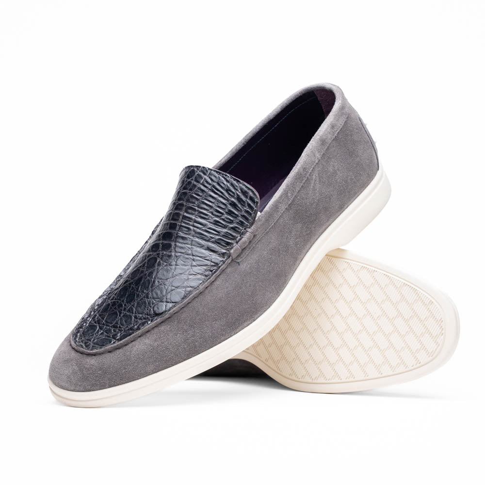 Zelli Italia 11-603-GRY BENE Sueded Italian Goatskin & Crocodile Loafer Grey