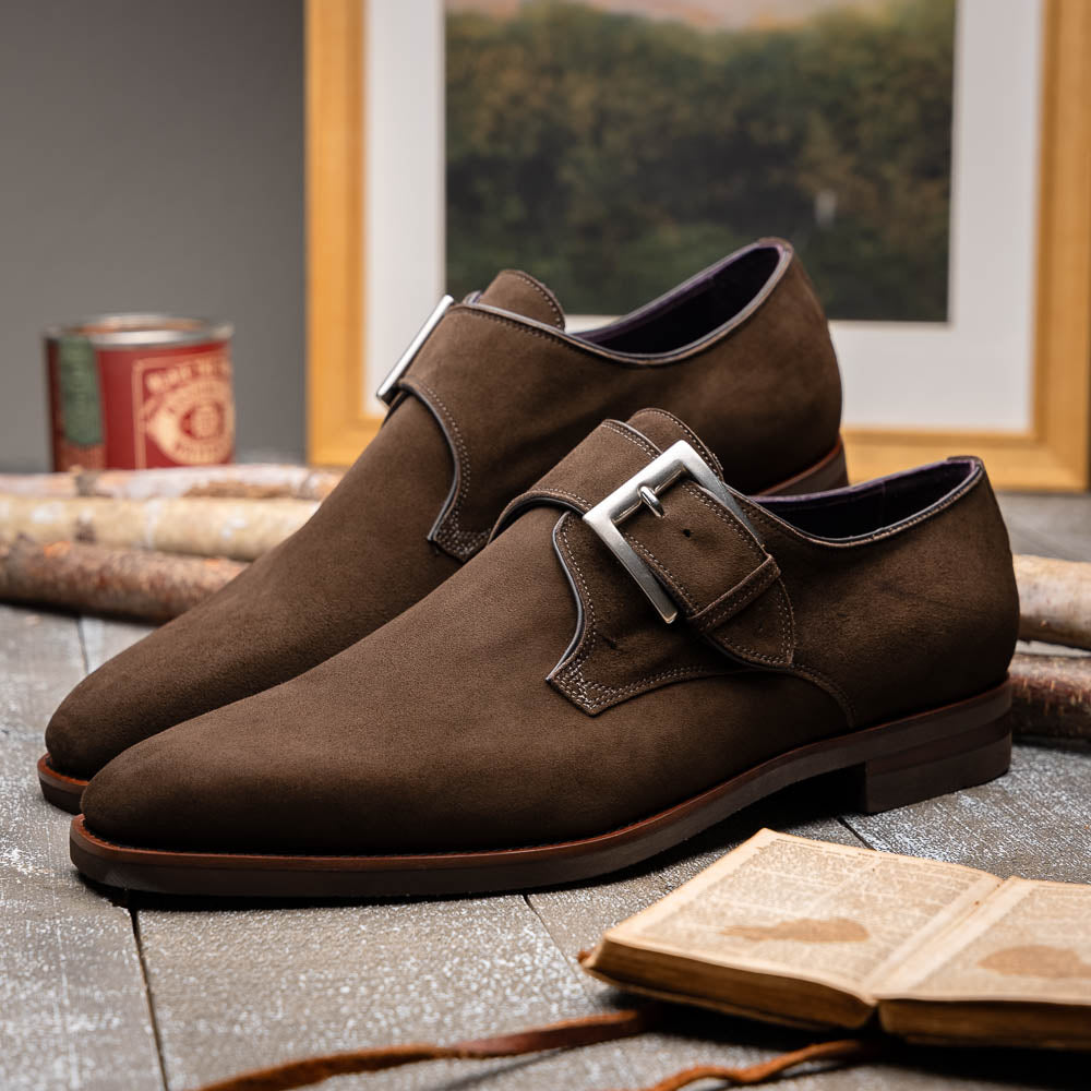Zelli Italia 56-110-DBR Hebilla Monk Strap Italian Suede Calfskin Dark Brown