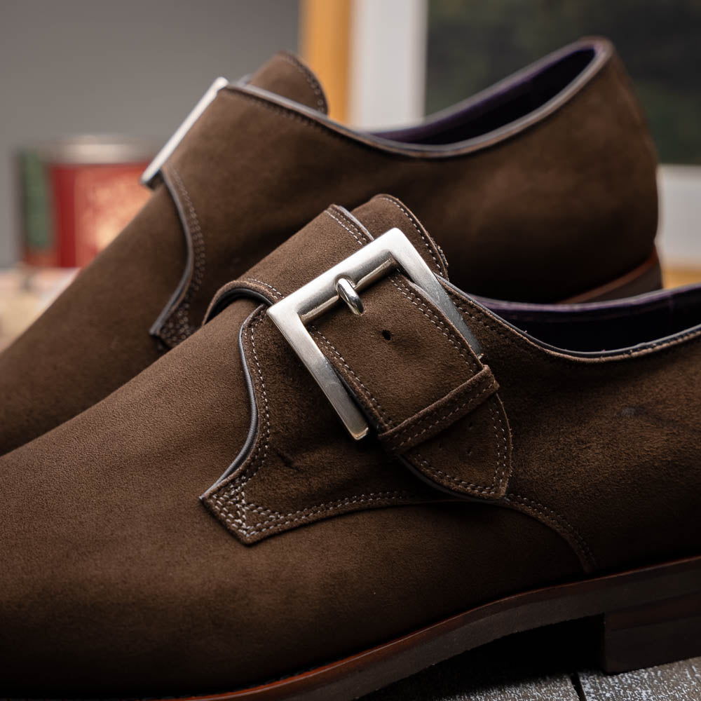 Zelli Italia 56-110-DBR Hebilla Monk Strap Italian Suede Calfskin Dark Brown
