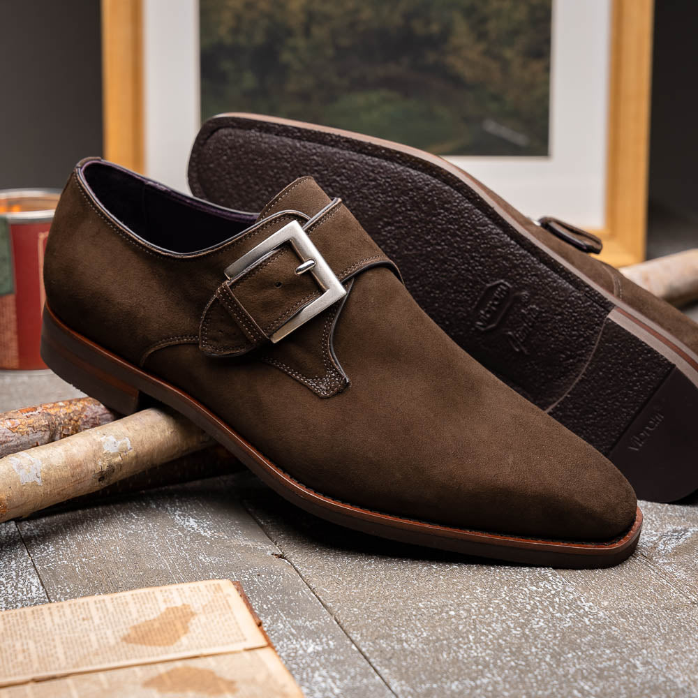 Zelli Italia 56-110-DBR Hebilla Monk Strap Italian Suede Calfskin Dark Brown