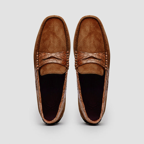 Zelli Italia 31-160-CGN MONZA Sueded Calfskin with Crocodile Driver, Cognac