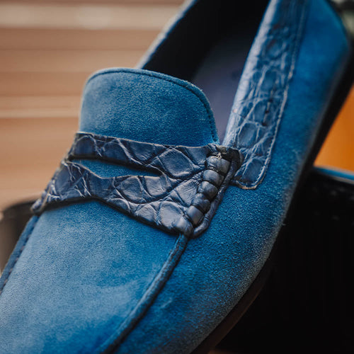 Zelli Italia 31-160-DNM MONZA Sueded Calfskin with Crocodile Driver Denim