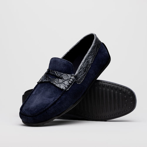 Zelli Italia 31-160-NVY MONZA Sueded Calfskin with Crocodile Driver, Navy