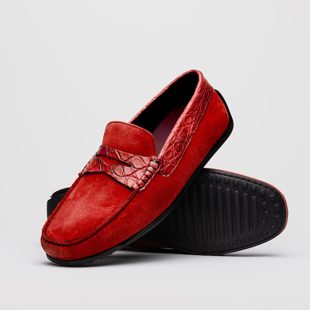 Zelli Italia 31-160-RED MONZA Sueded Calfskin with Crocodile Driver, Red