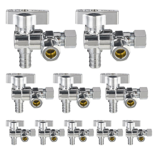 10 Pcs 1/2" PEX Crimp x 3/8" ODx 3/8" OD Compr. Split Angle Stop Valve, Quarter Turn (Lead Free)