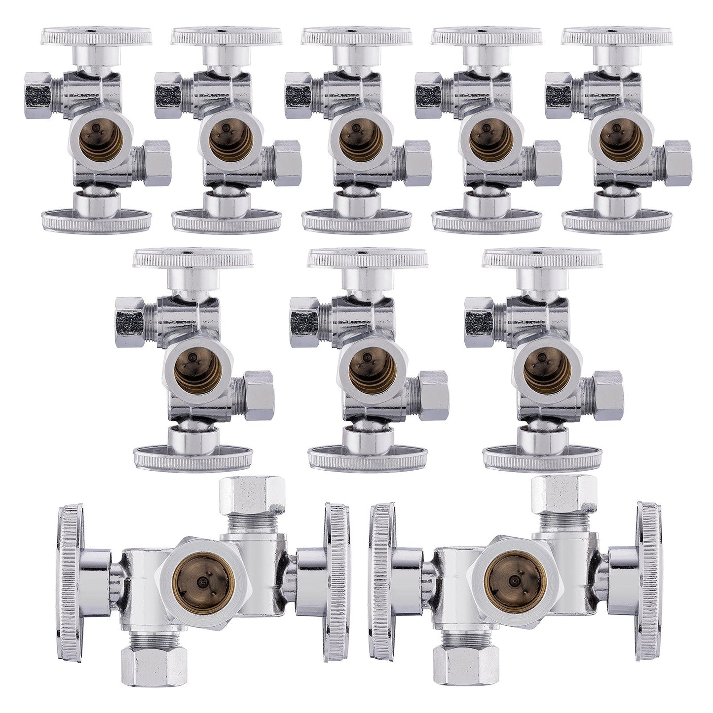 10 Pcs 5/8" OD Compr. x 3/8" OD Compr. x 3/8" OD Compr. Dual Stop Valve, 1/4 Turn (Lead Free)