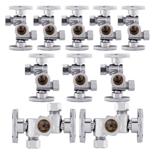 10 Pcs 5/8" OD Compr. x 3/8" OD Compr. x 3/8" OD Compr. Dual Stop Valve, 1/4 Turn (Lead Free)