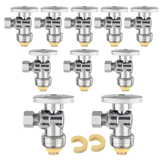 10 Pcs 1/2" Push Connect x 3/8" OD Compr. Angle Stop Valve, 1/4 Turn (Lead Free)