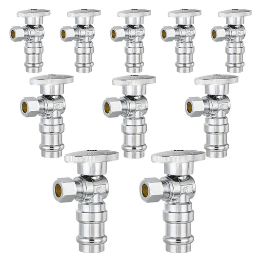 10 Pcs 1/2" Press x 3/8" OD Compr. Angle Stop Valve, 1/4 Turn (Lead Free)