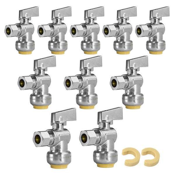 10 Pcs 1/2" Push Connect x 3/8" OD Compr. Unigold Push Fit Angle Stop Valve, 1/4 Turn (Lead Free) Plumbingsell