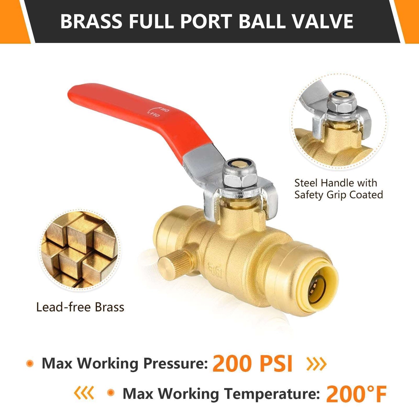 10 Pcs 1/2" Push Fit Ball Valve With Drain, Red Lever (Lead Free)