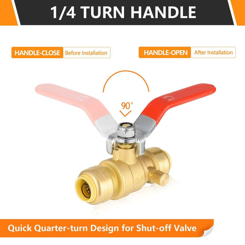 1/2" Push Fit Ball Valve With Drain, Red Lever (Lead Free)