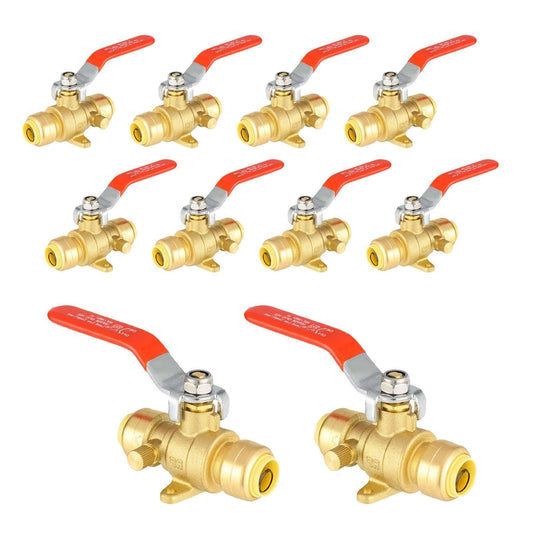 10 Pcs 1/2" Push Fit Ball Valve With Drain, Red Lever (Lead Free)