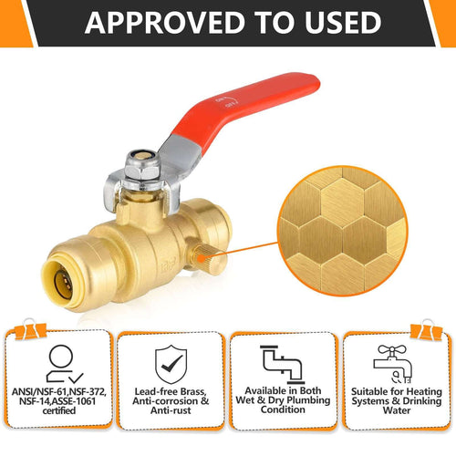 1/2" Push Fit Ball Valve With Drain, Red Lever (Lead Free)