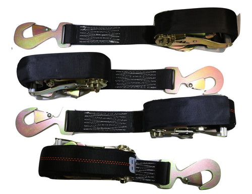 Qty 4 Axle Strap Tie Downs 24" Long & Qty 4 Ratchet Tow Straps Car Haulers, BLACK | R208ATDBK/AS24BK RatchetStrap.Com