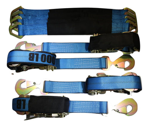 Axle Strap Tie Downs 24" Long & Qty 4 Ratchet Tow Straps Car Haulers, BLUE | 4 PACK RatchetStrap.Com
