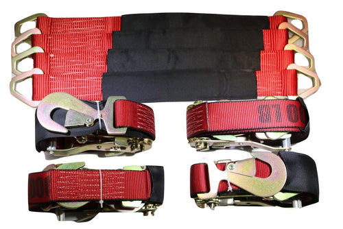 Qty 4 Axle Strap Tie Downs 24" Long & Qty 4 Ratchet Tow Straps Car Haulers | RED RatchetStrap.Com