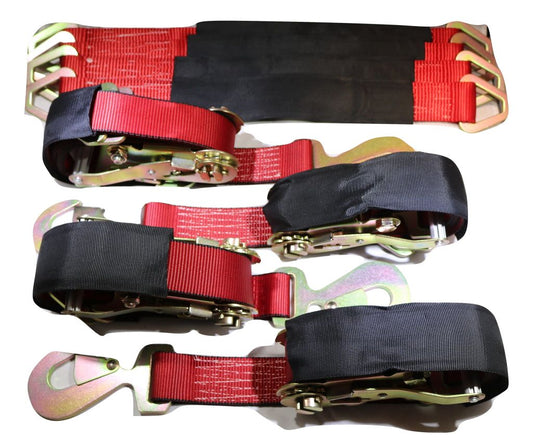 Qty 4 Axle Strap Tie Downs 24" Long & Qty 4 Ratchet Tow Straps Car Haulers | RED