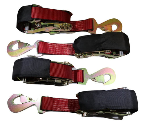 Qty 4 Axle Strap Tie Downs 24" Long & Qty 4 Ratchet Tow Straps Car Haulers | RED RatchetStrap.Com