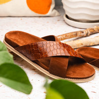 Zelli Italia 06-101-CGN RENA Italian Goatskin Suede Croc Embossed Slide Cognac