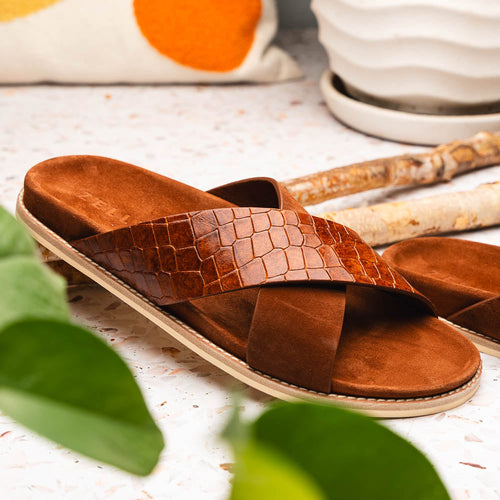 Zelli Italia 06-101-CGN RENA Italian Goatskin Suede Croc Embossed Slide Cognac