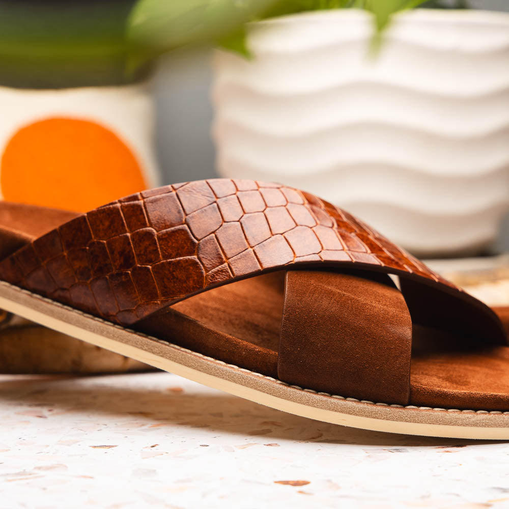 Zelli Italia 06-101-CGN RENA Italian Goatskin Suede Croc Embossed Slide Cognac