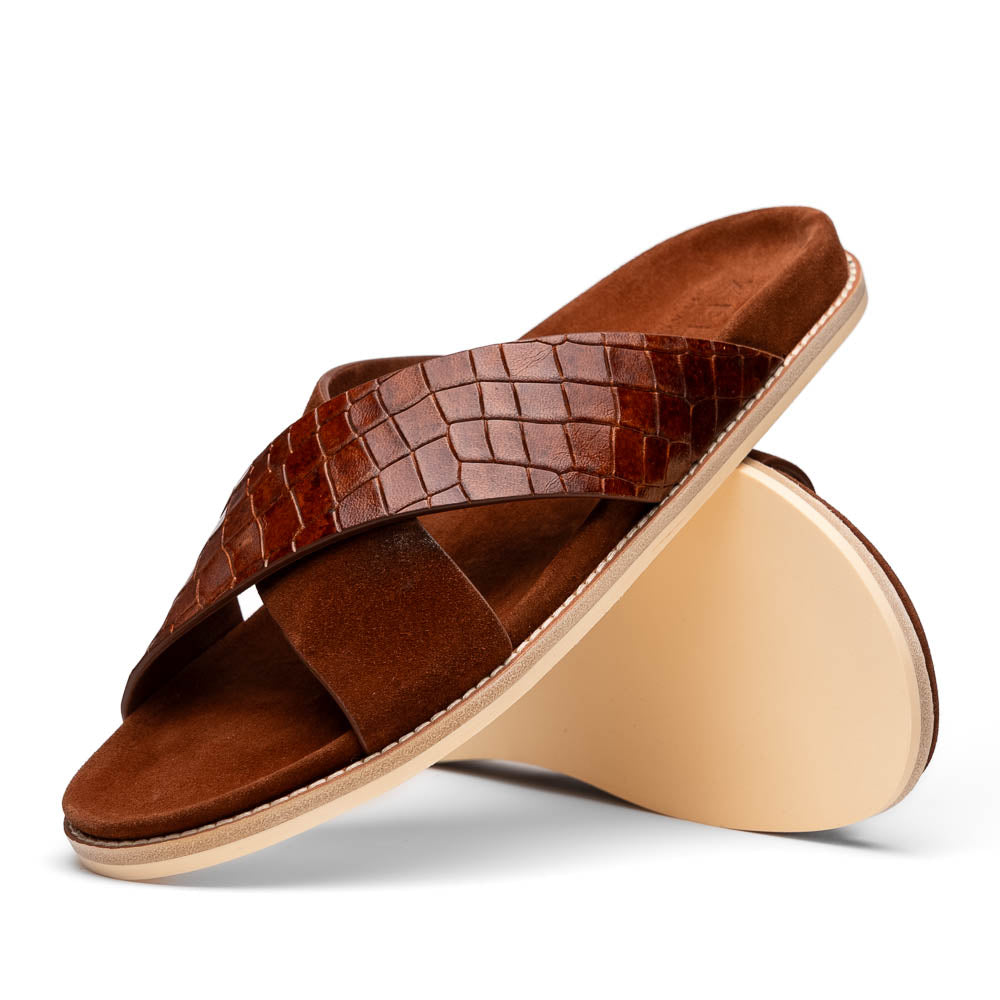 Zelli Italia 06-101-CGN RENA Italian Goatskin Suede Croc Embossed Slide Cognac