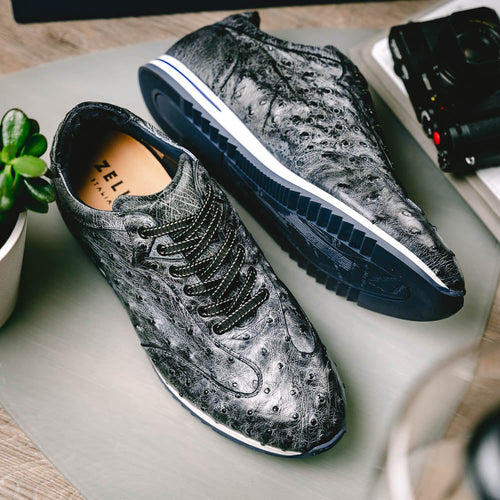 Zelli Italia 63-112-BLK RIO Ostrich Quill Sneakers, Black Denim