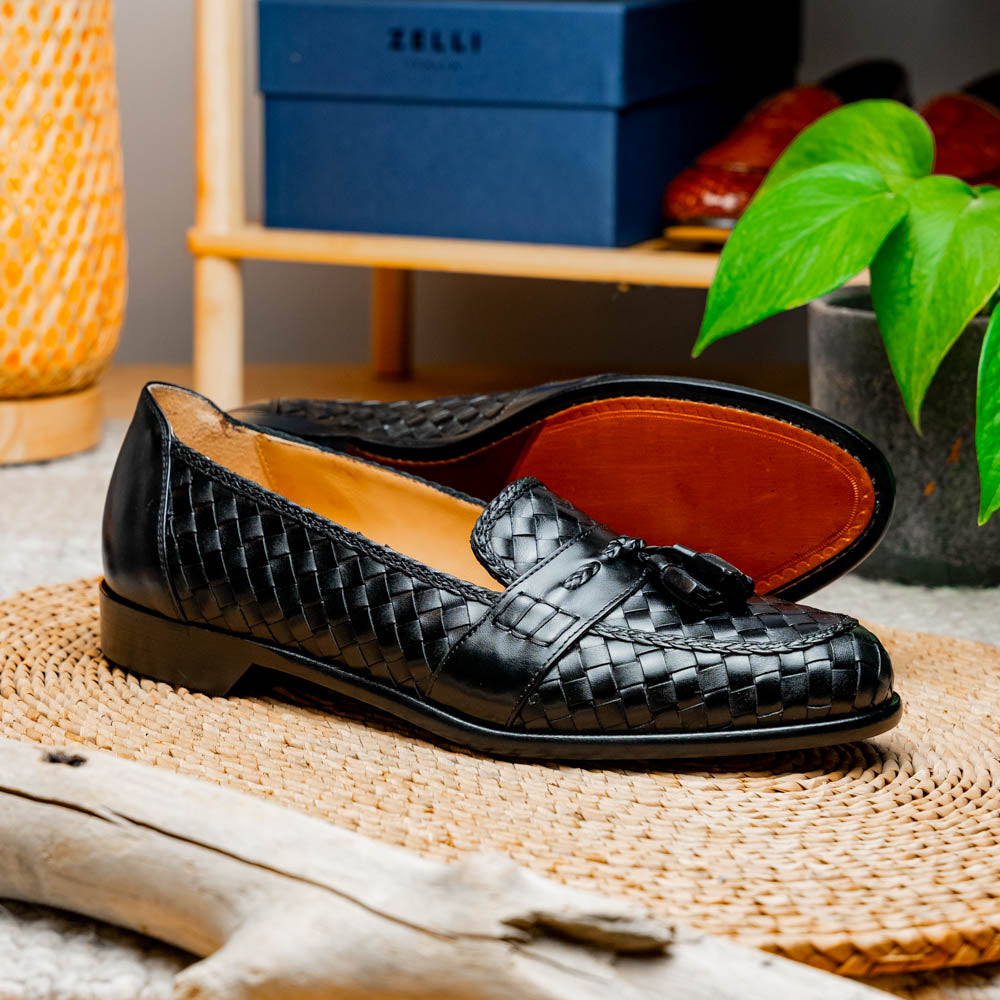 Zelli Italia 15-250-BLK RIVIERA Basketweave Calfskin Tassel Loafer, Black