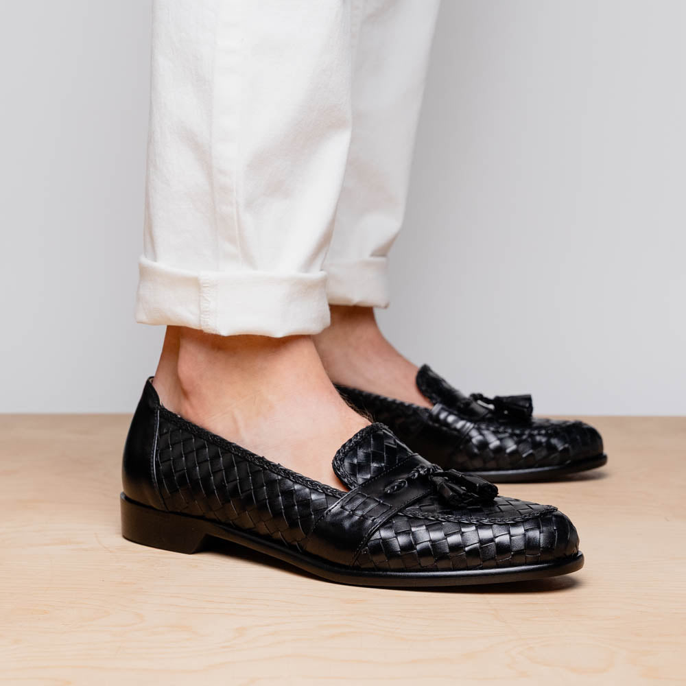 Zelli Italia 15-250-BLK RIVIERA Basketweave Calfskin Tassel Loafer, Black