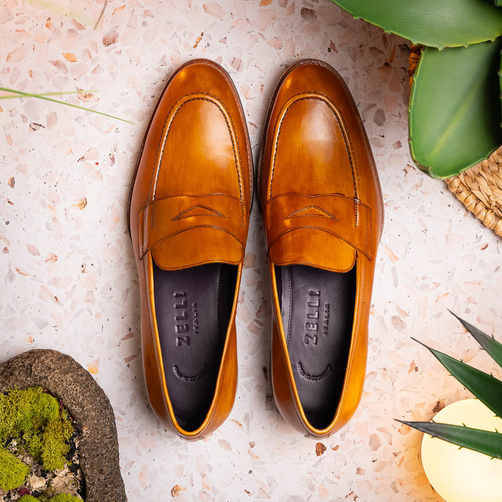 Zelli Italia 15-400-CML ROMA Hand Burnished Calfskin Penny Loafer Camel