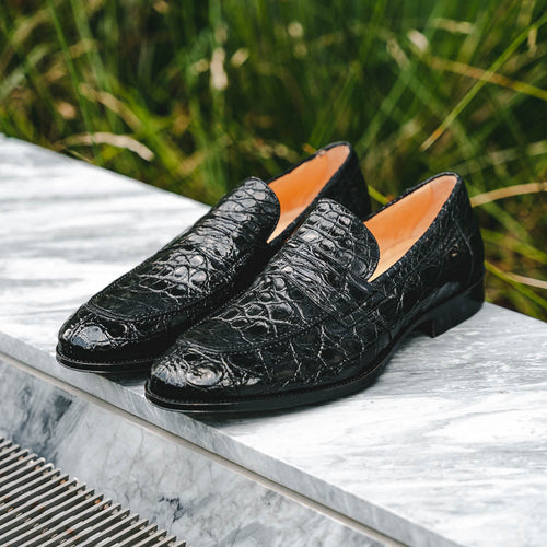 11-201-BKM ROMA Crocodile Penny Loafer, Black Zelli Italia