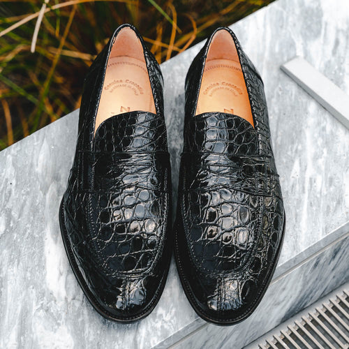 11-201-BKM ROMA Crocodile Penny Loafer, Black Zelli Italia