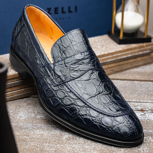11-201-NVY ROMA Crocodile Penny Loafer, Navy Zelli Italia