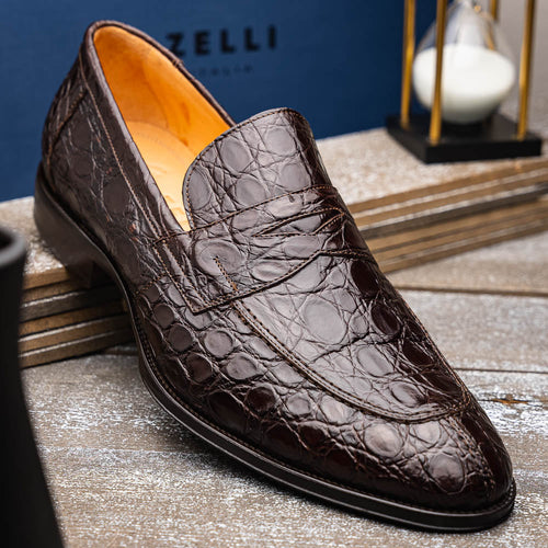 11-201-NIC ROMA Crocodile Penny Loafer, Nicotine Zelli Italia