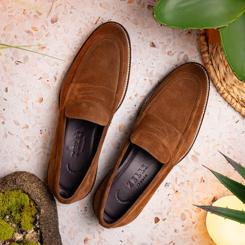 Zelli Italia 16-657-TOB ROMA Italian Suede Penny Loafers Tobacco