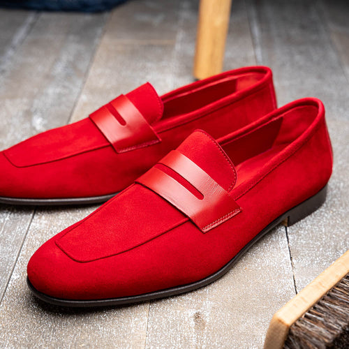 Zelli Italia 16-672-RED Tippa Suede & Calfskin Penny Loafers Red