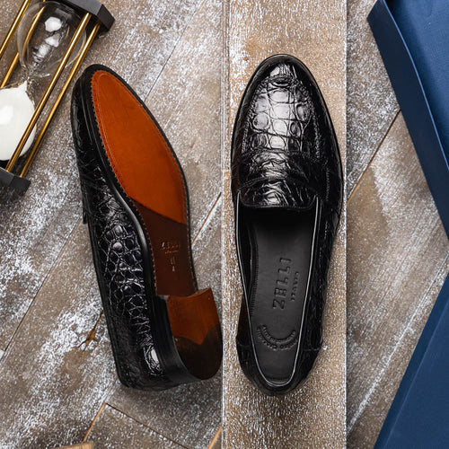 11-119-BKM (BLK) TUSCANY Crocodile Penny Loafer, Black Zelli Italia