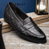 11-119-BKM (BLK) TUSCANY Crocodile Penny Loafer, Black Zelli Italia
