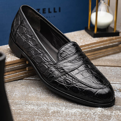 11-119-BKM (BLK) TUSCANY Crocodile Penny Loafer, Black Zelli Italia