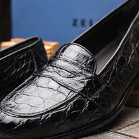 11-119-BKM (BLK) TUSCANY Crocodile Penny Loafer, Black Zelli Italia
