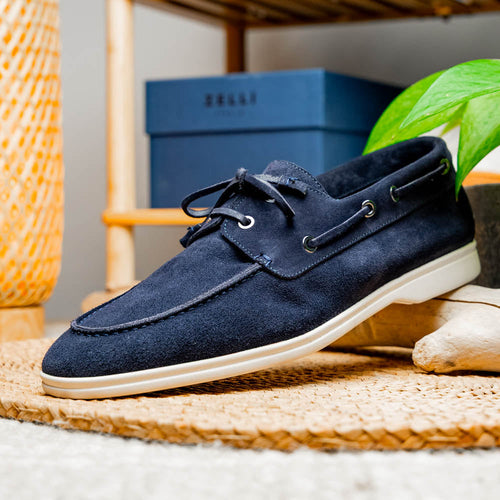 Zelli Italia 16-675-NVY VENICE Italian Sueded Goatskin Boat Shoes, Navy